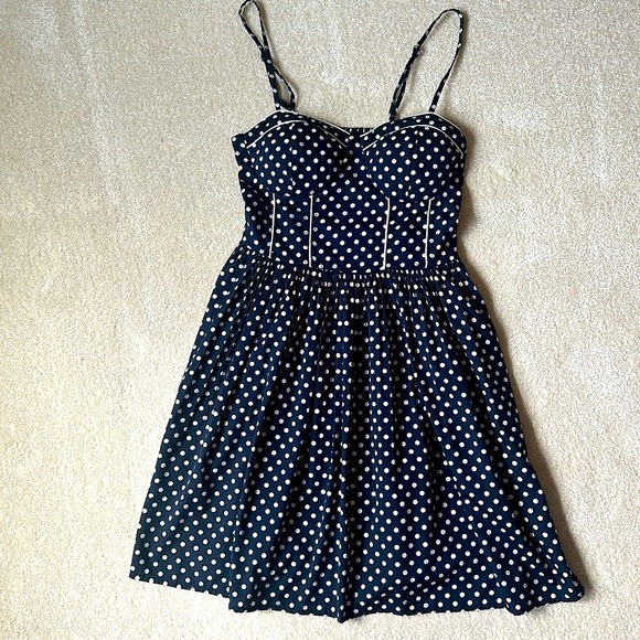 Navy Blue and White Polka Dot Fit and Flare Dress with Pockets - Picture 4 of 5